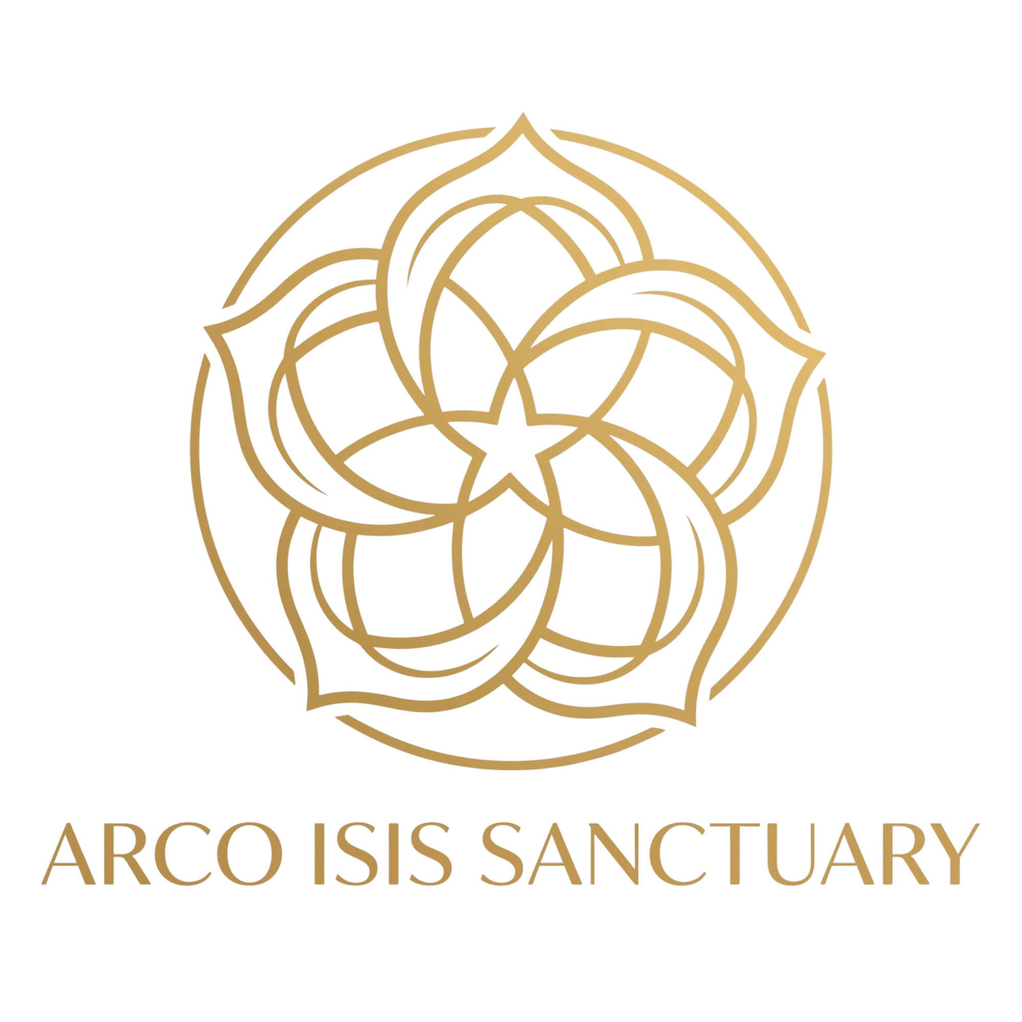 Arco Isis Sanctuary wordmark — golden Dance of Venus rose on black